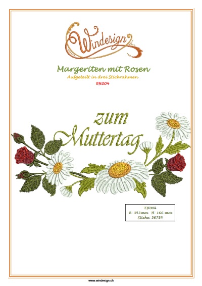 Margeriten mit Rosen, augeteilt in drei Stickrahmen, Gross, zum Muttertag