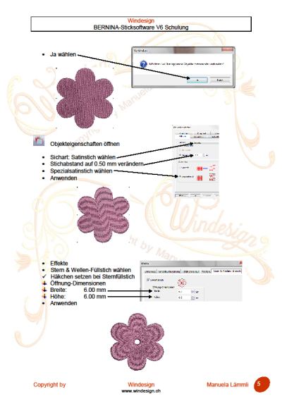 Schulungsunterlagen kleine Blume,
BERNINA-Sticksoftware V& Schulung