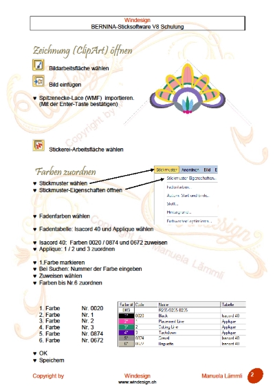 Schulungsunterlagen BERNINA-Software V8 & Stickmuster "Spitzenecke"