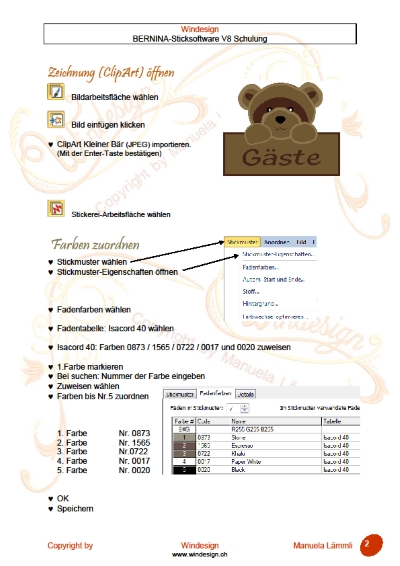 Schulungsunterlagen BERNINA-Software V8 & Stickmuster kleiner Bär